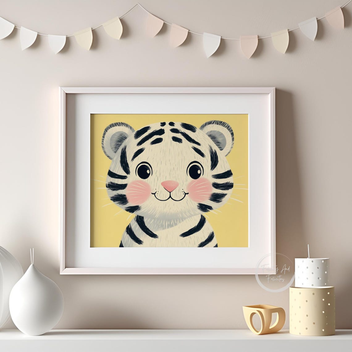 Cute White Tiger Cub Face on Yellow Cheerful Kids Room Wall Art - Image 3