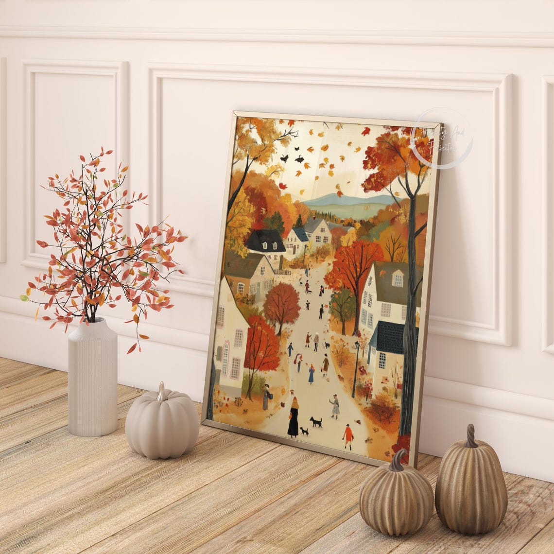 Cozy Fall Wall Art Cute Autumn Decor Warm Tone Cottagecore Cozy Season Cityscape Art - Image 4