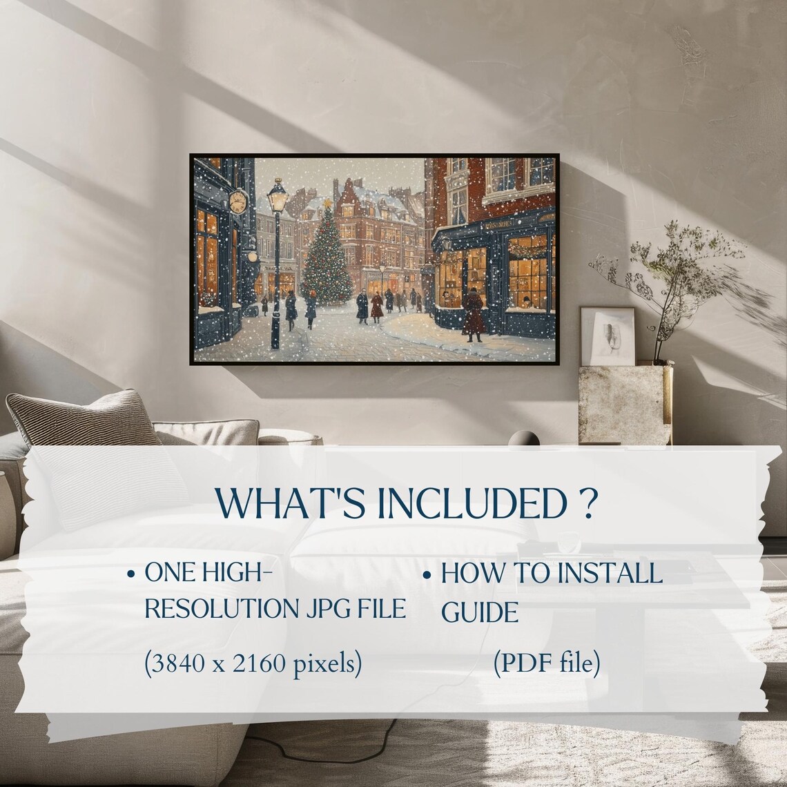 Vintage Snowy Christmas City Street Big Tree Holiday Wall Art - Image 2
