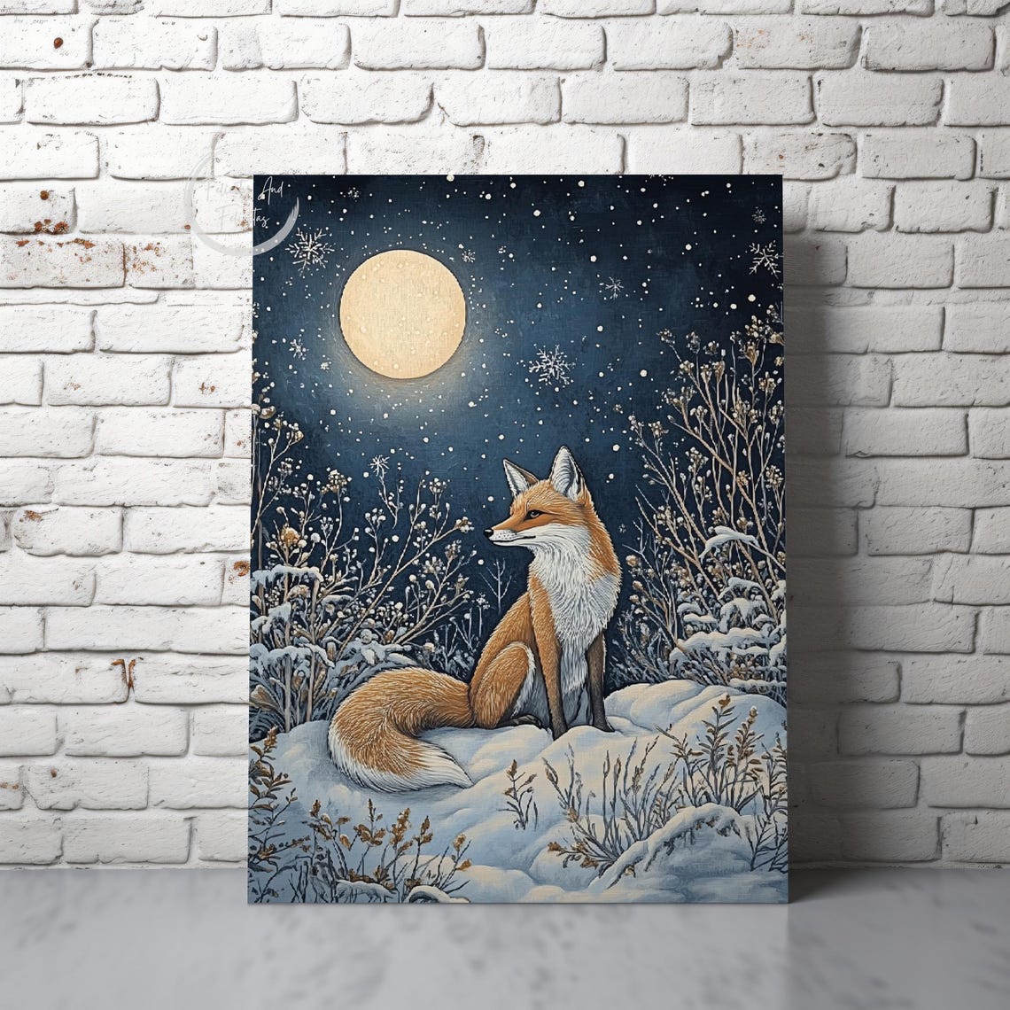 Red Fox Under Full Moon in Snowy Night Winter Forest Art Print - Image 5