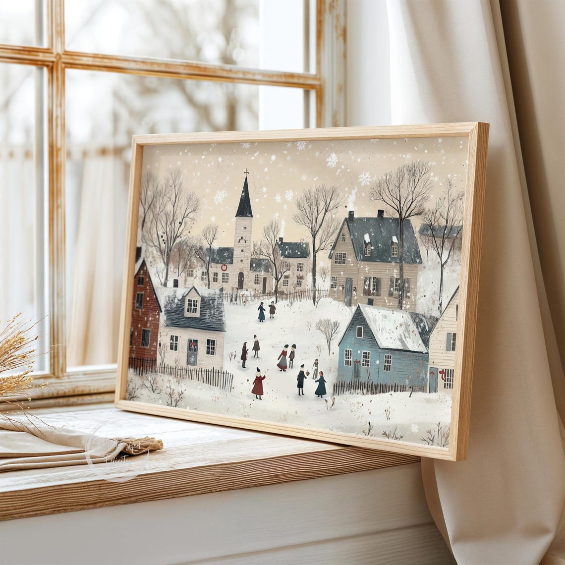 Neutral Beige Snowy Village With Church Snowflakes Holiday Poster - Image 3