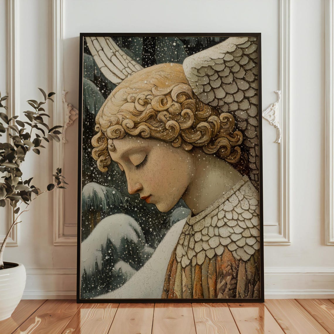 Christmas Angel Golden Curls Falling Snow Vintage Serene Wall Art - Image 5
