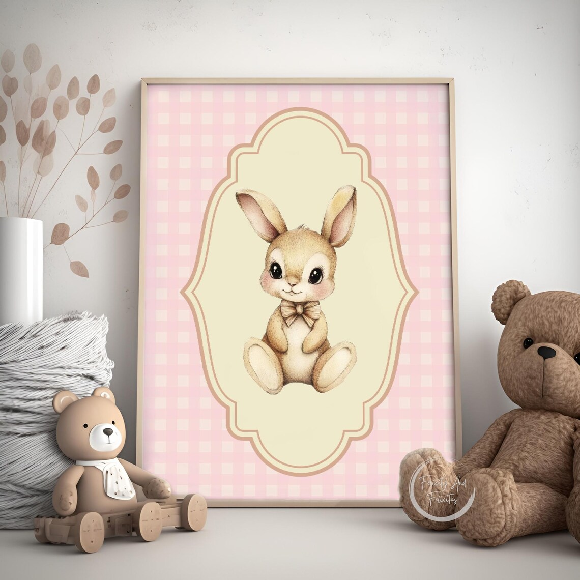 Pink Gingham Nursery Set Cat Bunny Fawn with Bows Girl Room Wall Art - Image 6