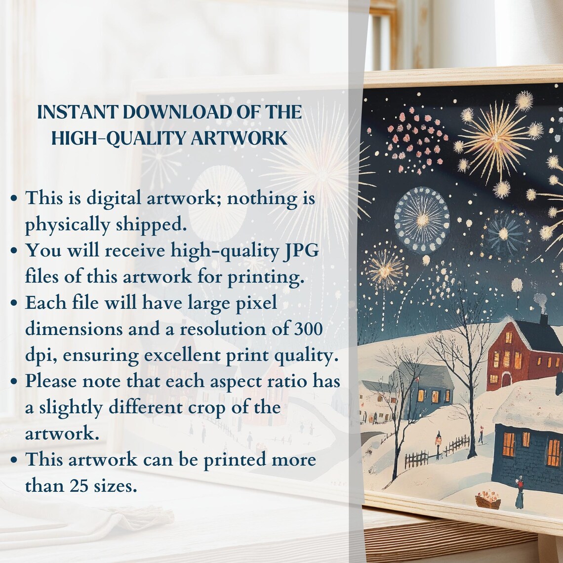 Fireworks Over Snowy Village At Night New Years Eve Scene Poster - Image 2
