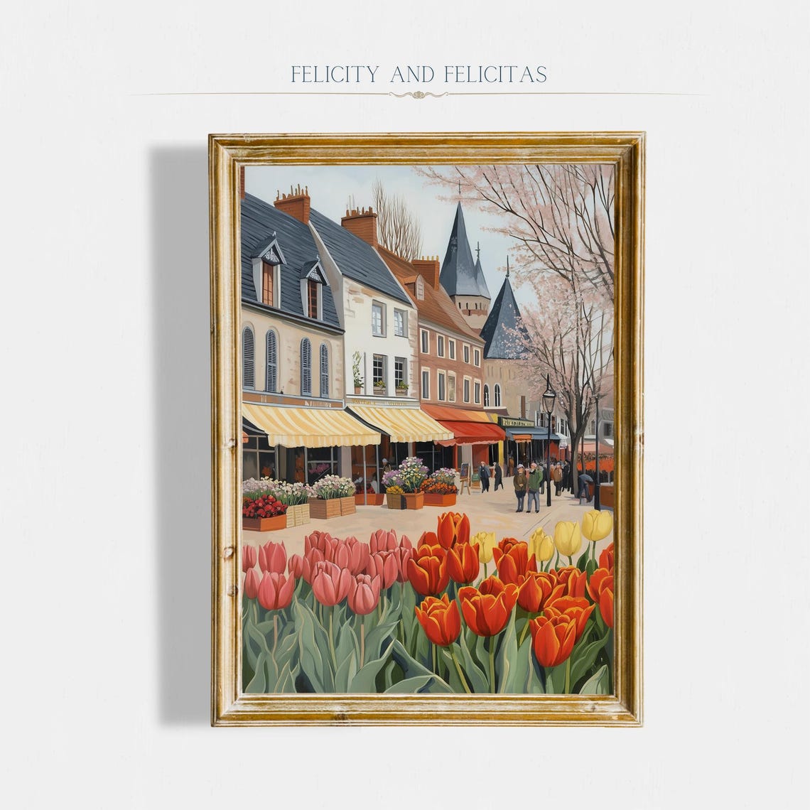 European Flower Shop Street Red Tulips Spring Market Scene Poster