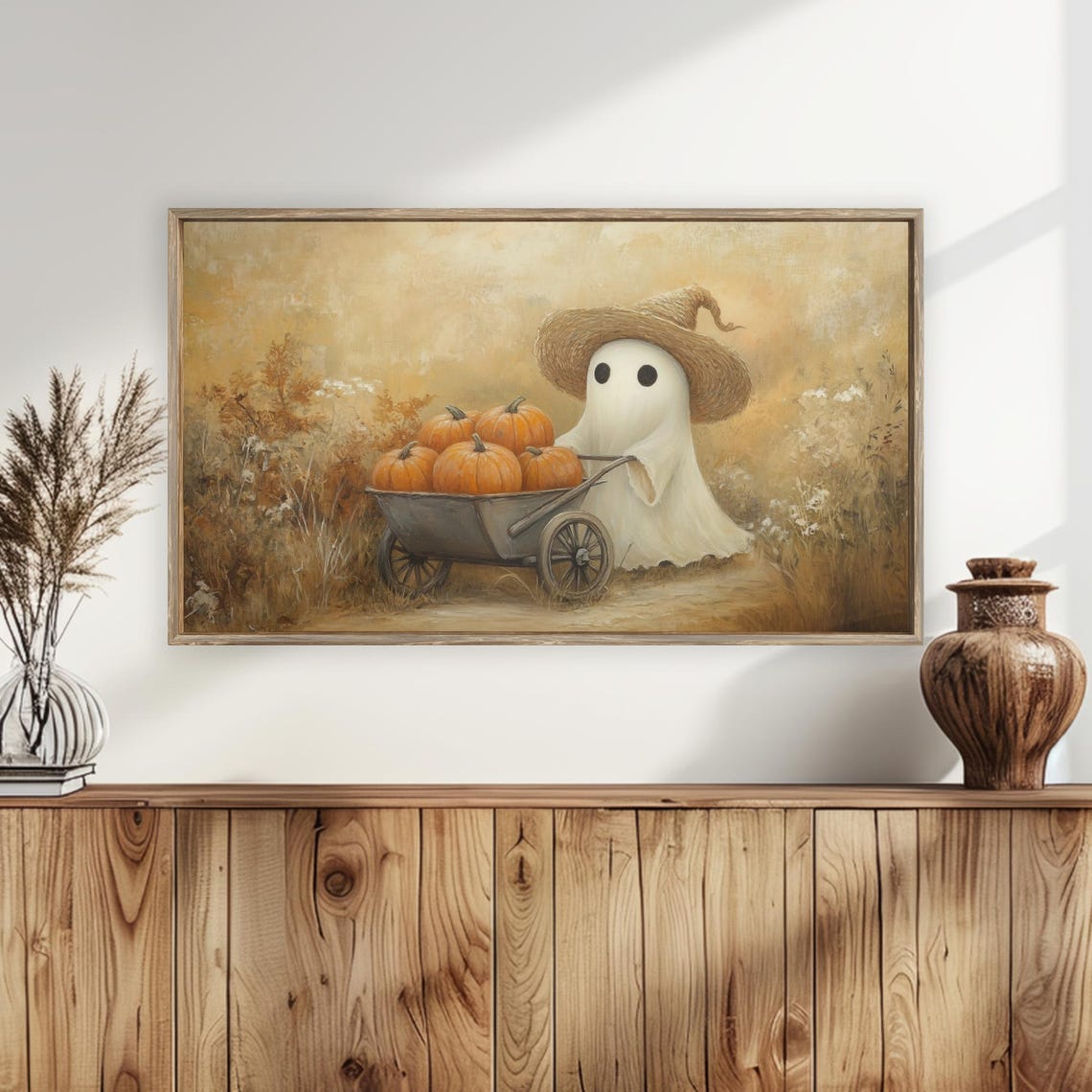 Cute Ghost Straw Witch Hat Pumpkin Wagon Autumn TV Art Poster - Image 5