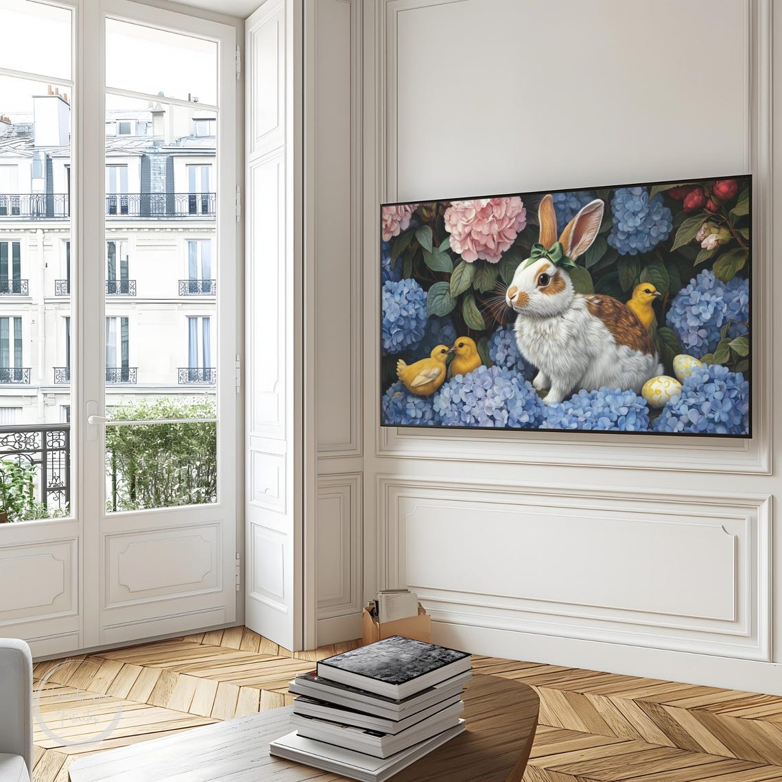 Easter Bunny Green Bow Chicks Hydrangeas Spring Frame TV Art Poster - Image 3