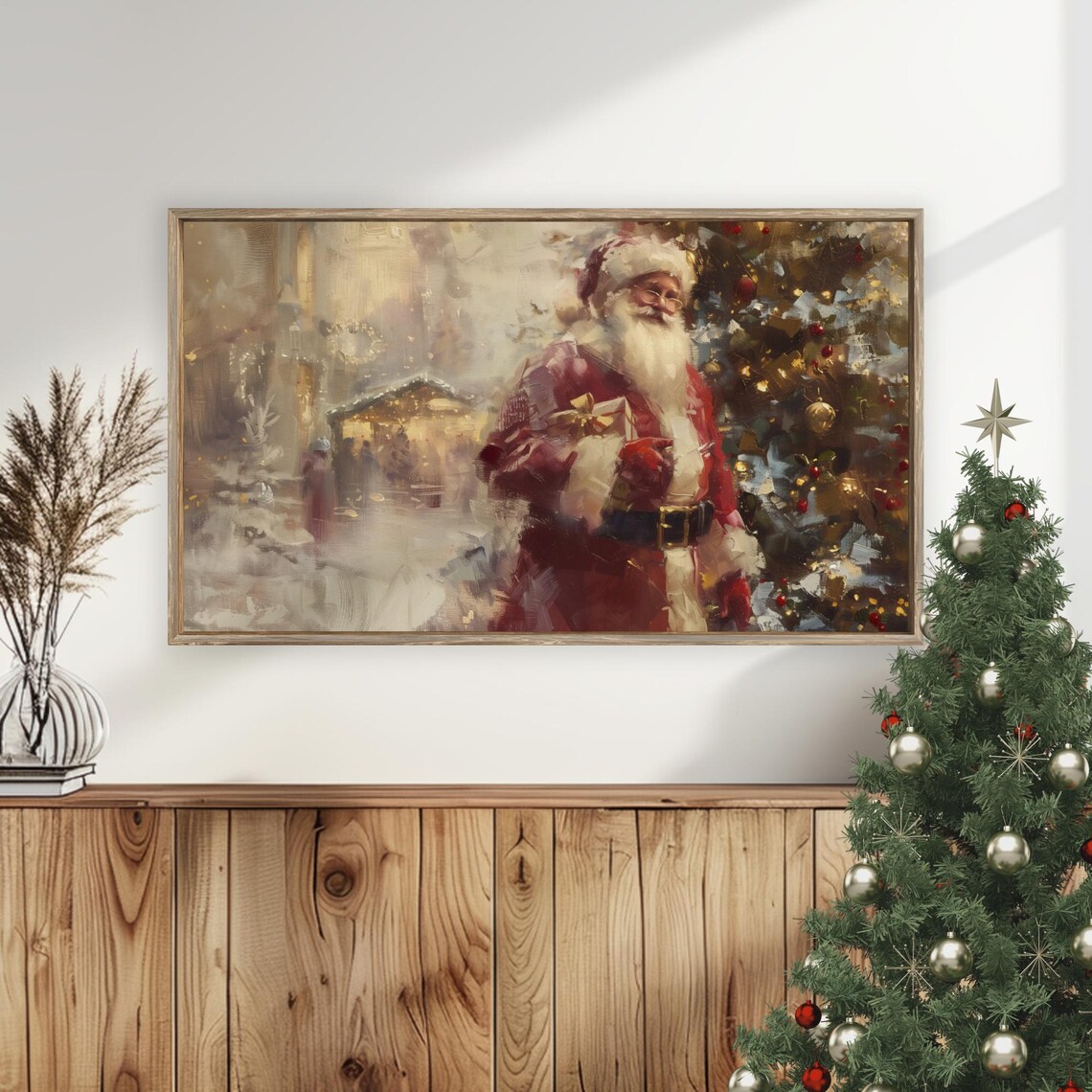 Vintage Santa Claus With Gift Impressionist Christmas Art Poster - Image 5
