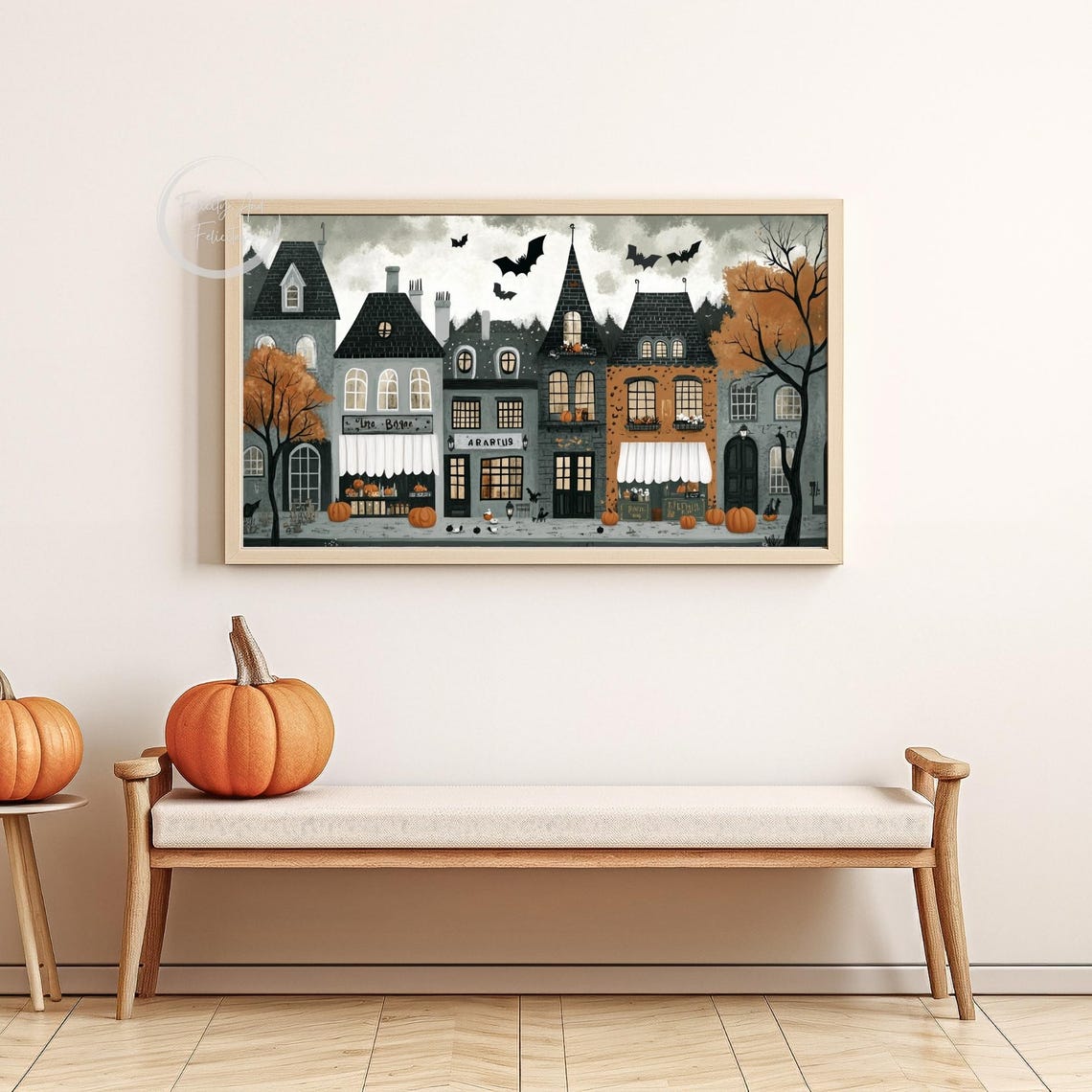 Spooky Halloween Town Shops Bats Pumpkins Storybook Street Poster - Image 6