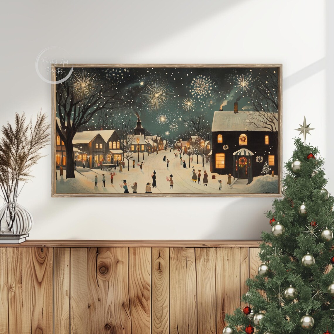 New Years Eve Fireworks Snowy Village Celebration Frame TV Art Poster - Image 5