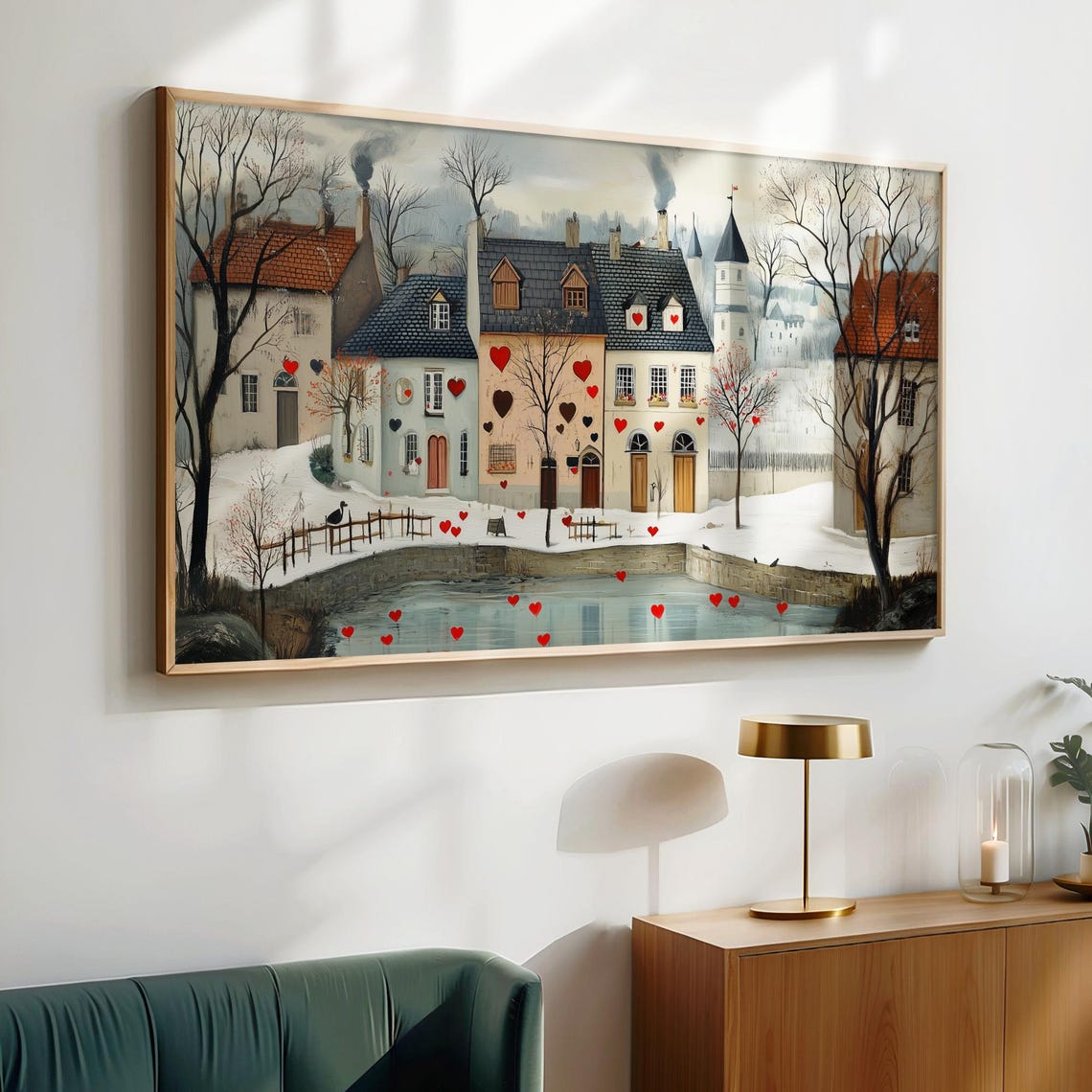 Red Snowy Village Pond with Floating Hearts Frame TV Art Poster - Image 6
