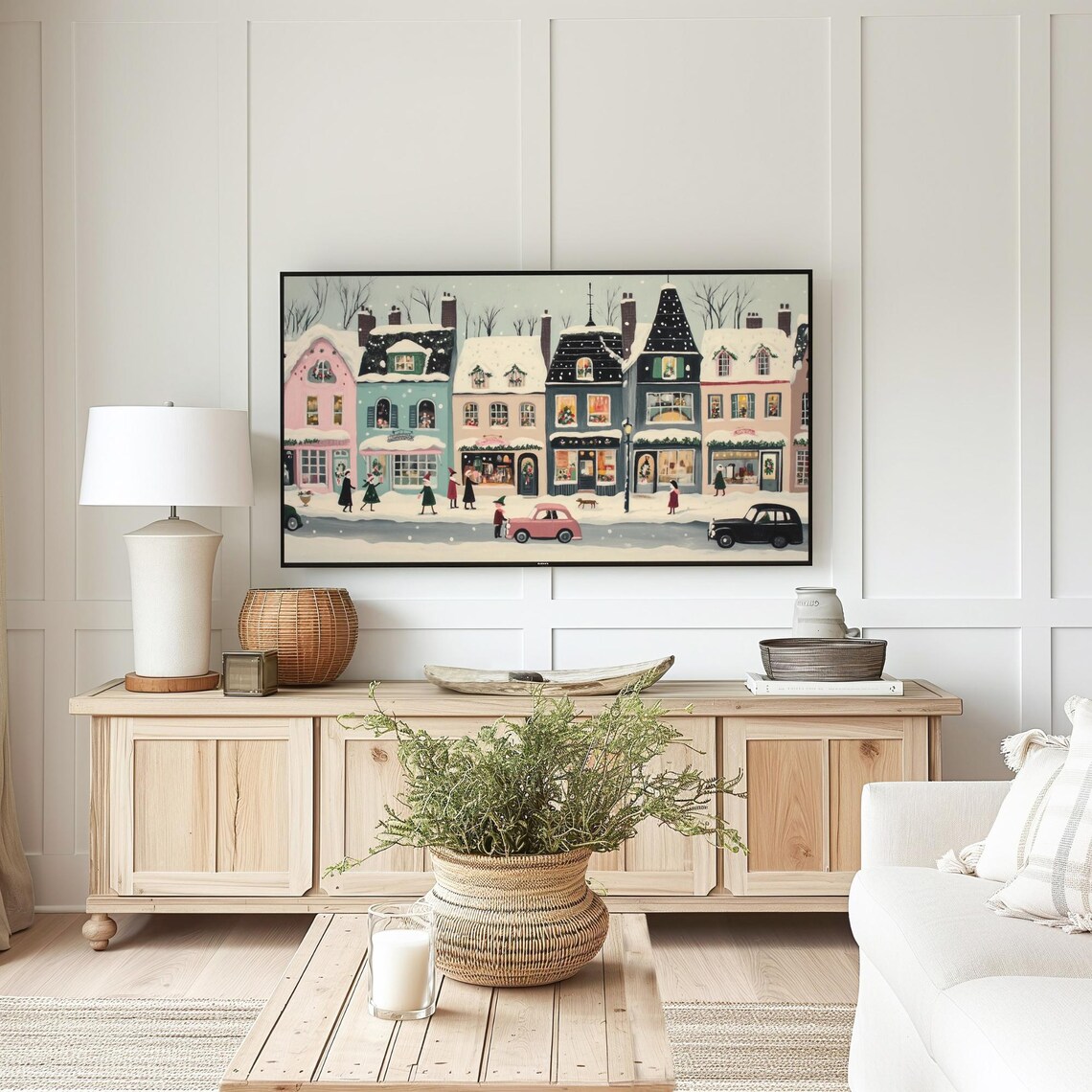 Retro Snowy Christmas Town Shops Vintage Cars Frame TV Art Poster - Image 6