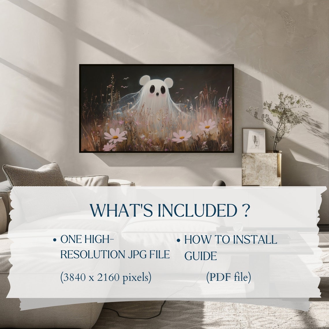 Cute Mouse Ghost Wildflower Meadow Night Halloween TV Art Poster - Image 2