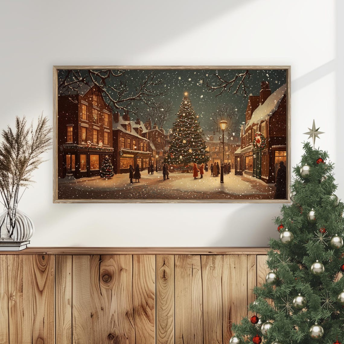 Christmas Eve Town Square Night Lit Tree Carolers Scene Poster - Image 5