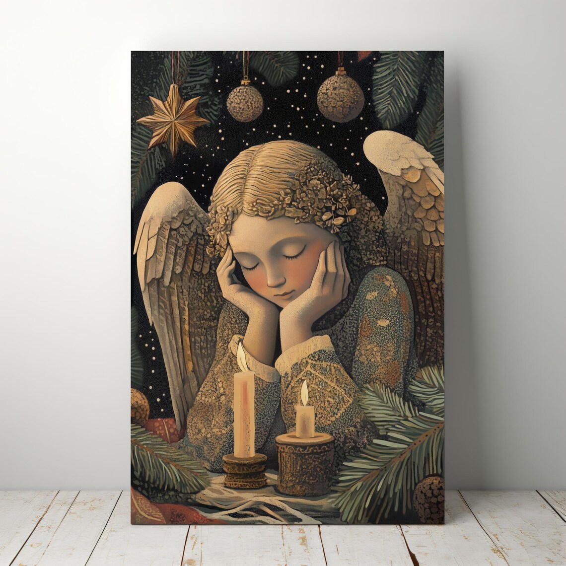 Christmas Angel Girl Candles Starry Night Vintage Holiday Poster - Image 4