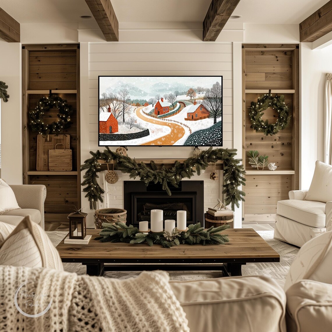 Winter Snowy Road Red Cottages Falling Snow Landscape Poster - Image 3