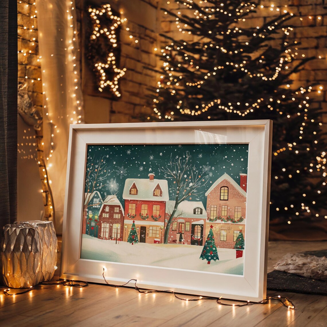 Christmas Evening Red Brick Houses Snow Roofs Street Art Poster - Image 4