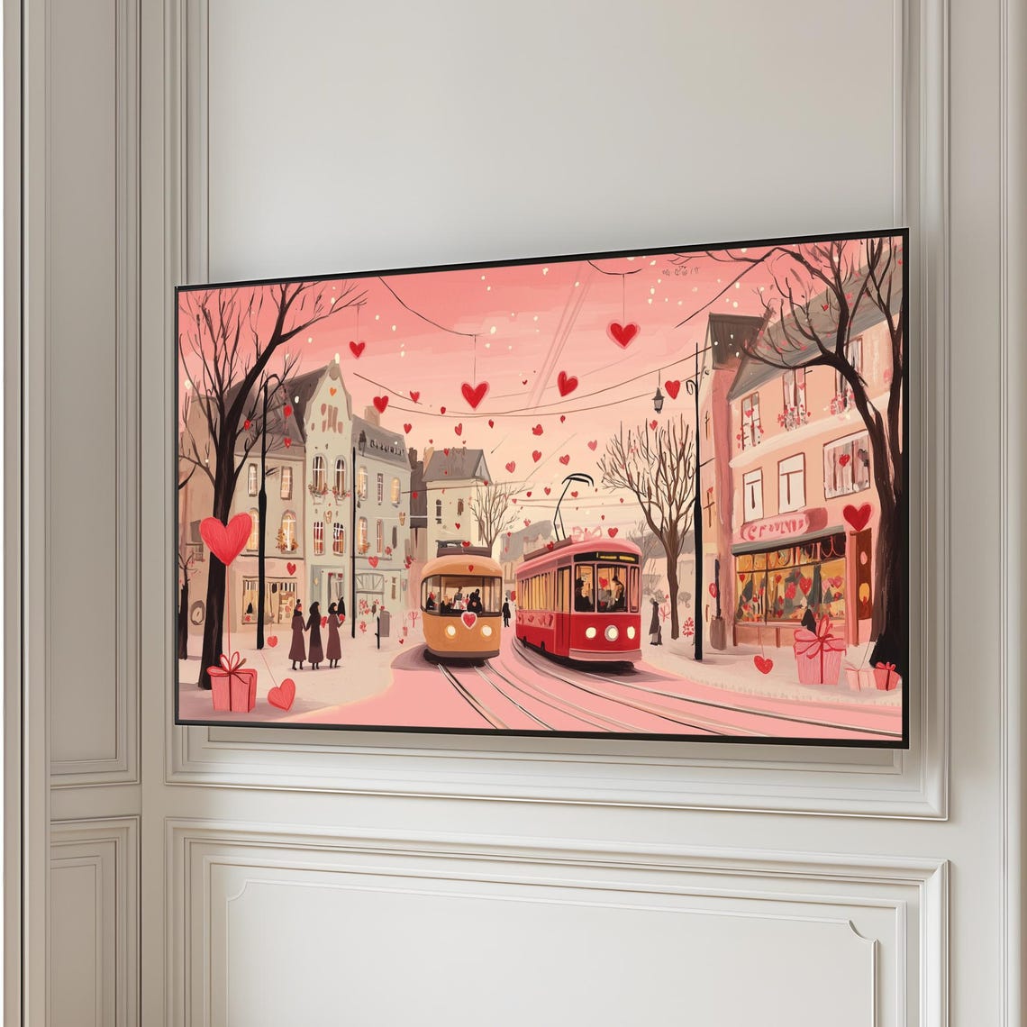 Valentines Day Pink City Street Hearts Trams Romance Scene Poster - Image 5