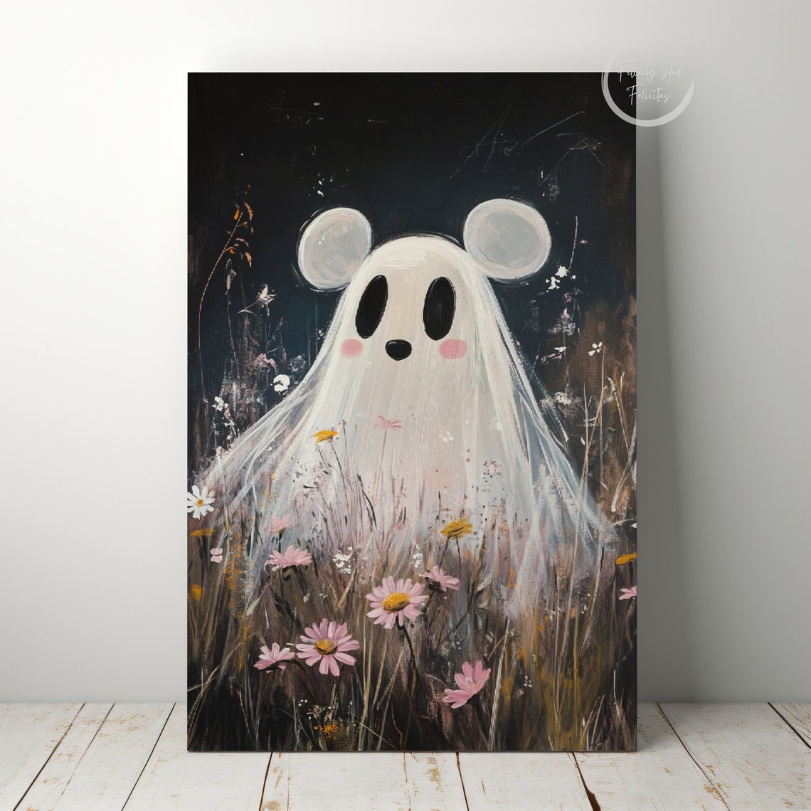 Cute Mouse Ghost Dark Wildflower Meadow Spooky Season Wall Art - Image 6