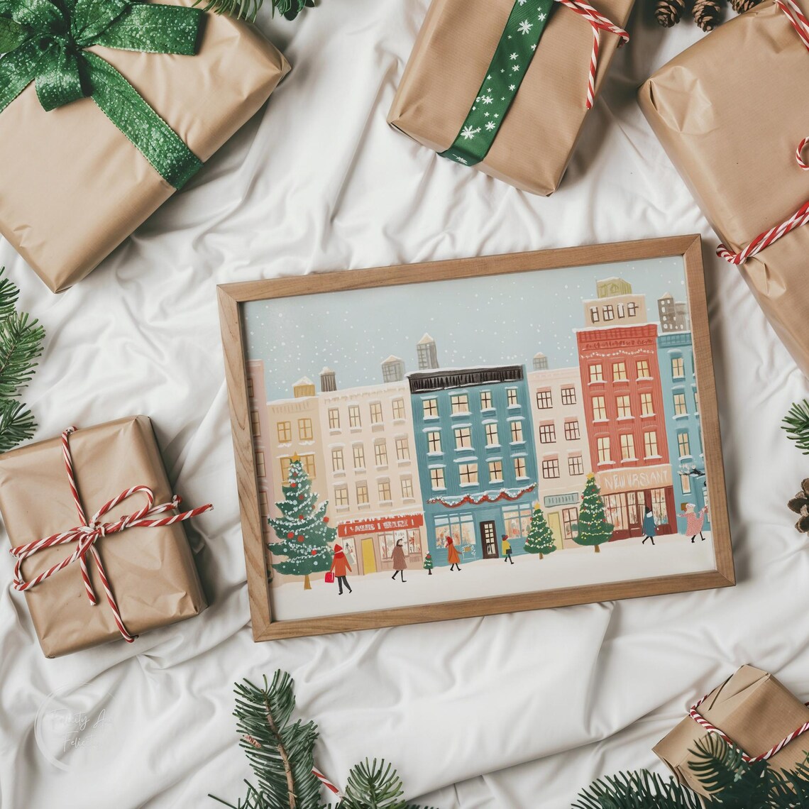 Pastel City Buildings Winter Holiday Shops Christmas Trees Poster - Image 6