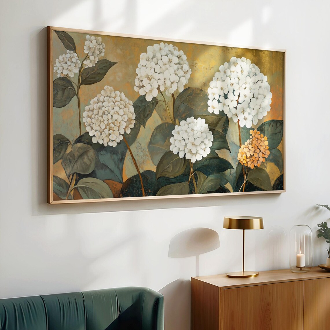 White Hydrangea Blossoms Golden Background Botanical Frame TV Art Poster - Image 6