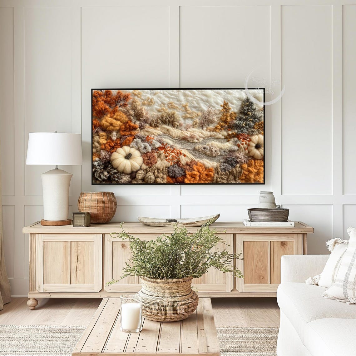 Textured Fiber Art Autumn Landscape with Pumpkins Fall Hills Poster - Image 3