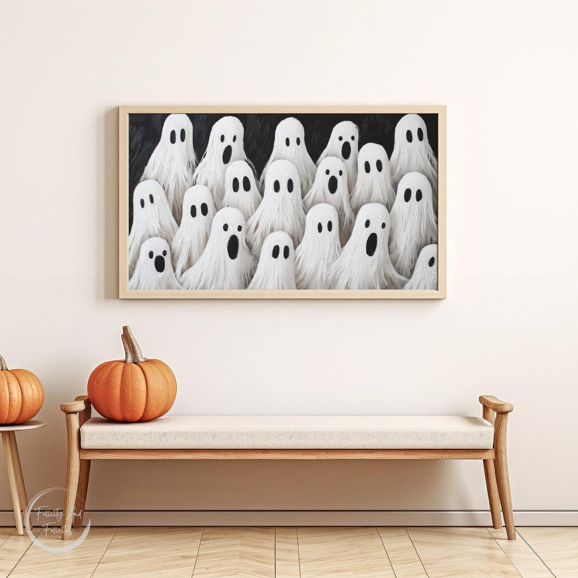 Crowd of Cute White Sheet Ghosts on Black Background Art Poster - Image 6