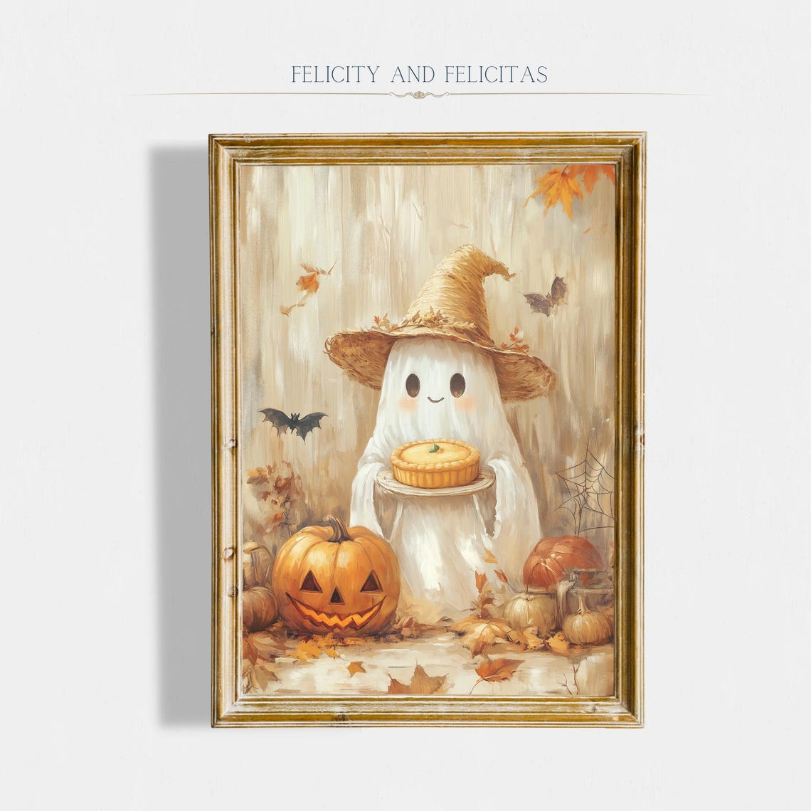 Cute Ghost With Pumpkin Pie Jack O Lanterns Halloween Wall Art