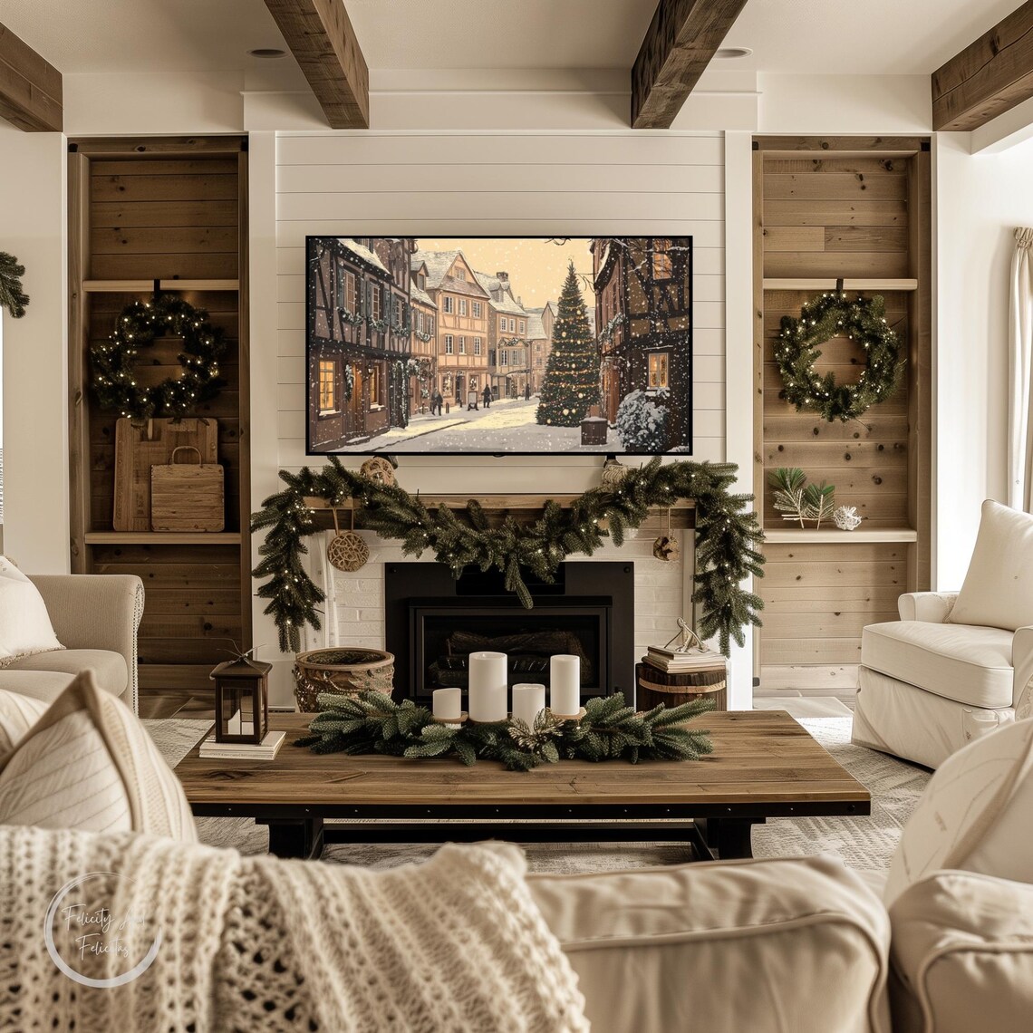 Historic European Old Town Christmas Street Tree Snow Poster - Image 3