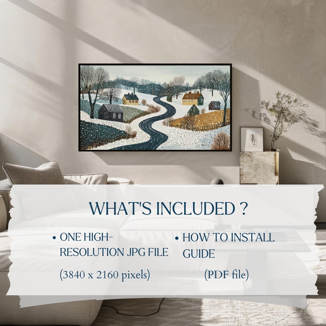 Snowy Countryside Winding Road Cottages Dot Texture Winter Poster - Image 2