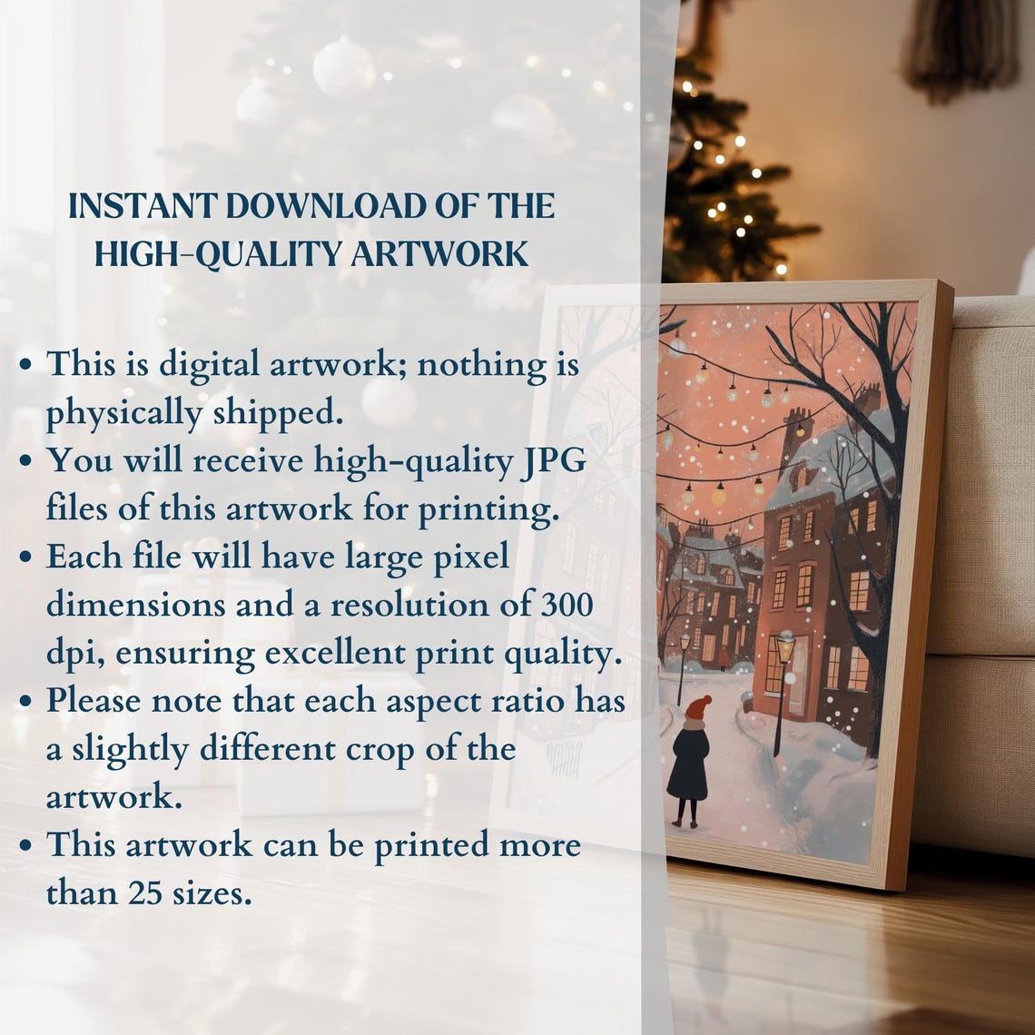 Cozy Winter Street Brownstones String Lights Snowy Night Poster - Image 3