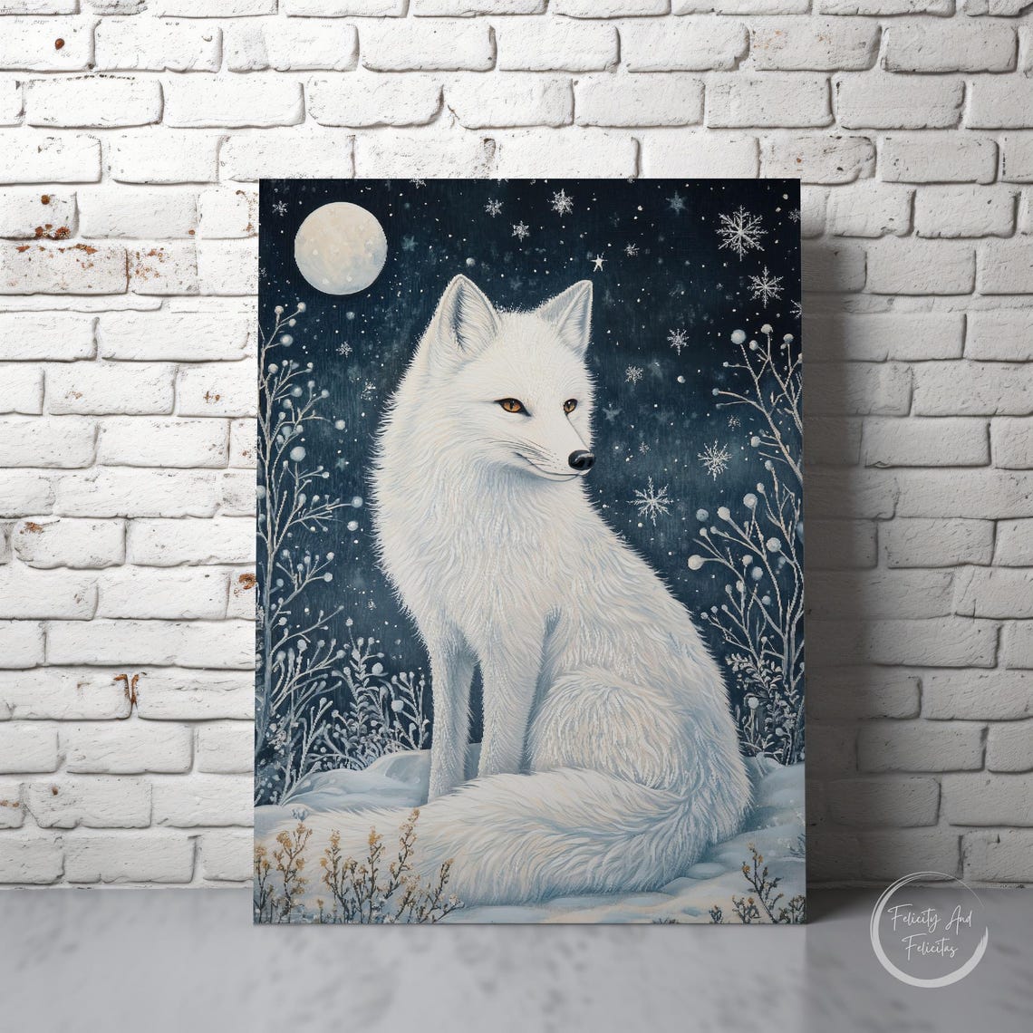 White Arctic Fox Moonlit Snow Night Winter Wildlife Art Poster - Image 6
