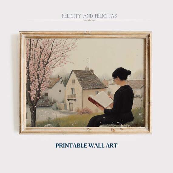 Woman Reading Book Under Blossoming Tree Spring Village Poster