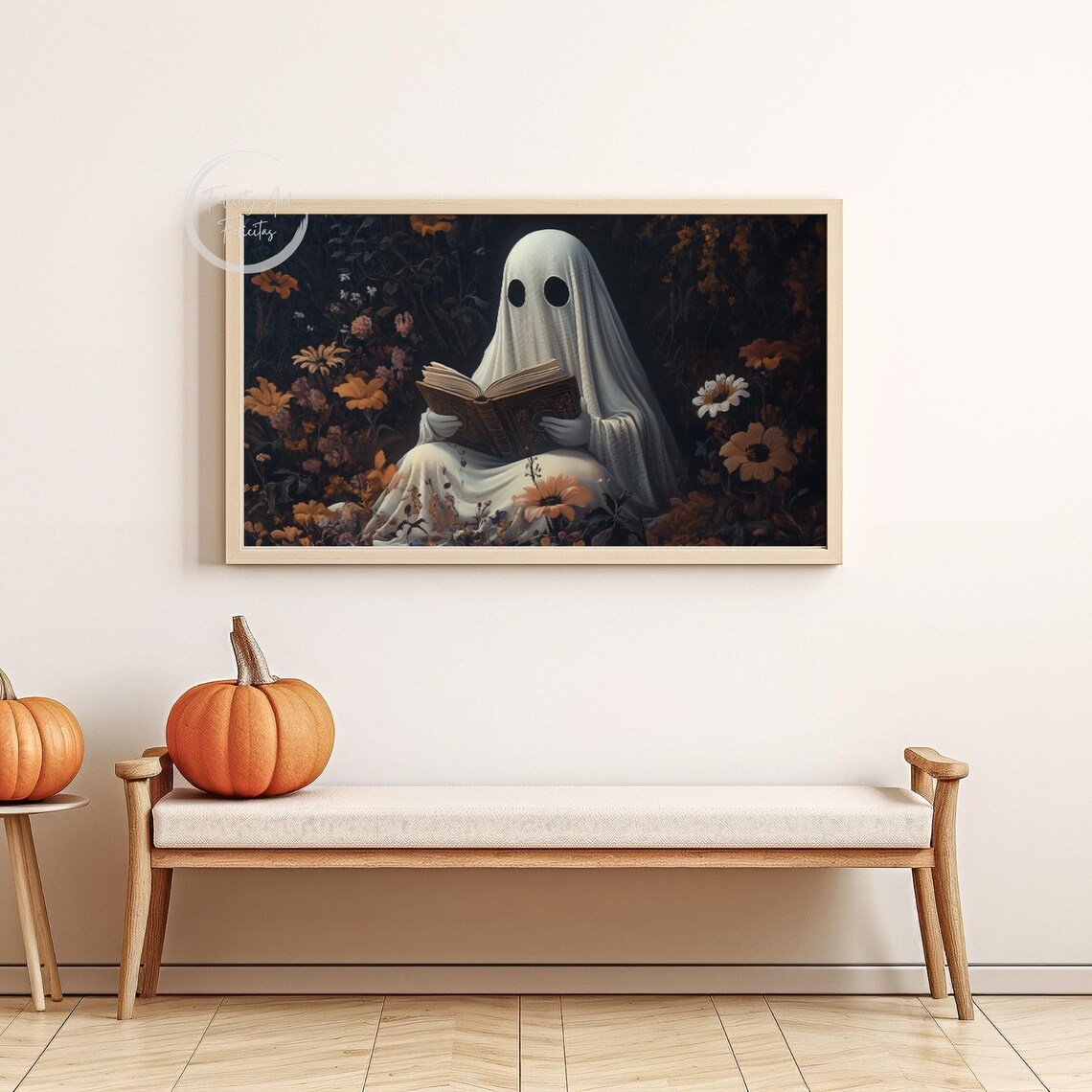 Ghost Reading Book Among Dark Autumn Flowers Moody Halloween Frame TV Art Poster - Image 5