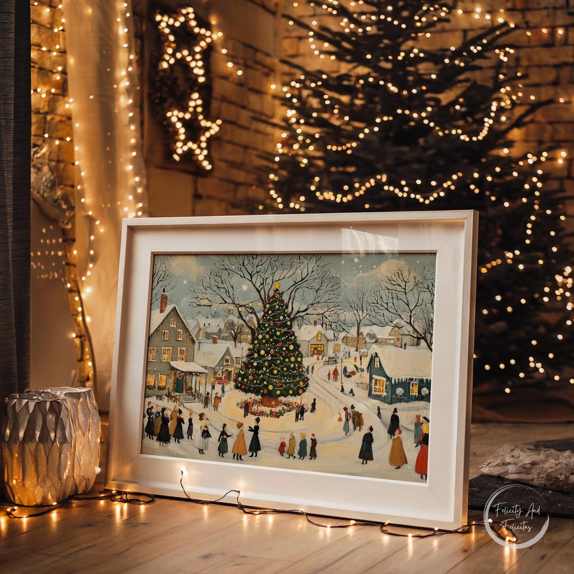 Christmas Eve Town Square Big Tree Villagers Folk Art Poster - Image 5
