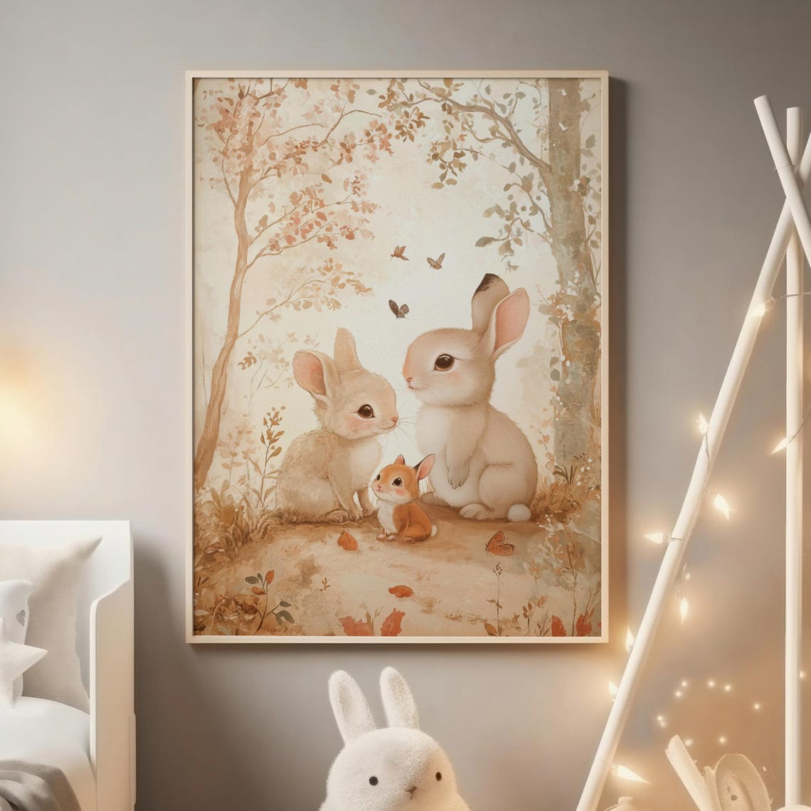 Three Bunnies in Autumn Woodland Watercolor Nursery Wall Art