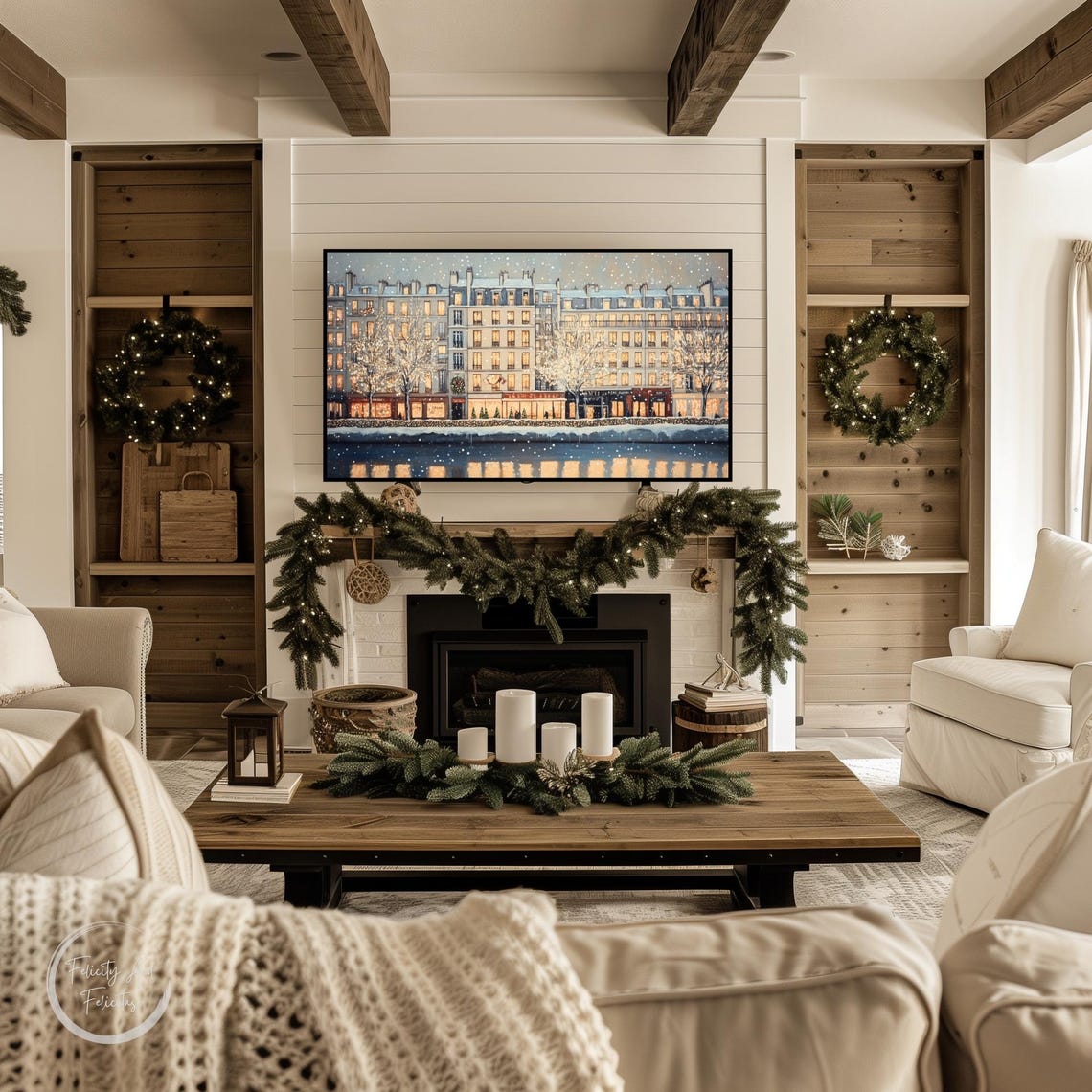 Snowy European City Evening River Reflection Lights Wall Art - Image 3