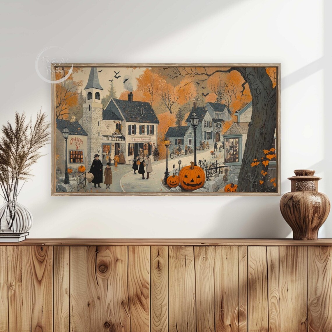 Halloween Village with Trick or Treaters and Church Autumn Poster - Image 6