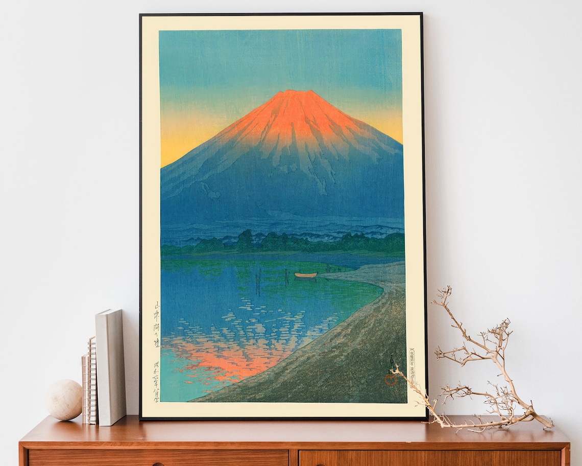 Mount Fuji Sunrise Lake Reflection Woodblock Style Japanese Poster