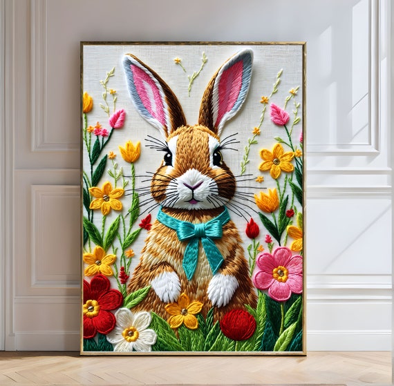 Floral Rabbit Embroidery Art Rabbit Embroidery Floral Art Handmade Decor Colorful Cute Textured Needlework Wall Craft Charming