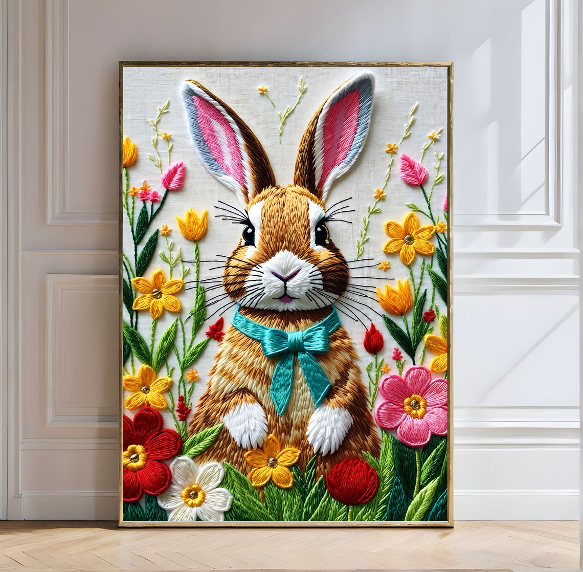 Cute Embroidered Bunny Rabbit With Blooming Flower Garden Poster