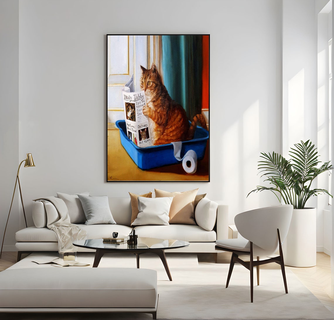 Daily Tabby Cat Reading Newspaper in Litter Box Funny Cat Art Poster - Image 2