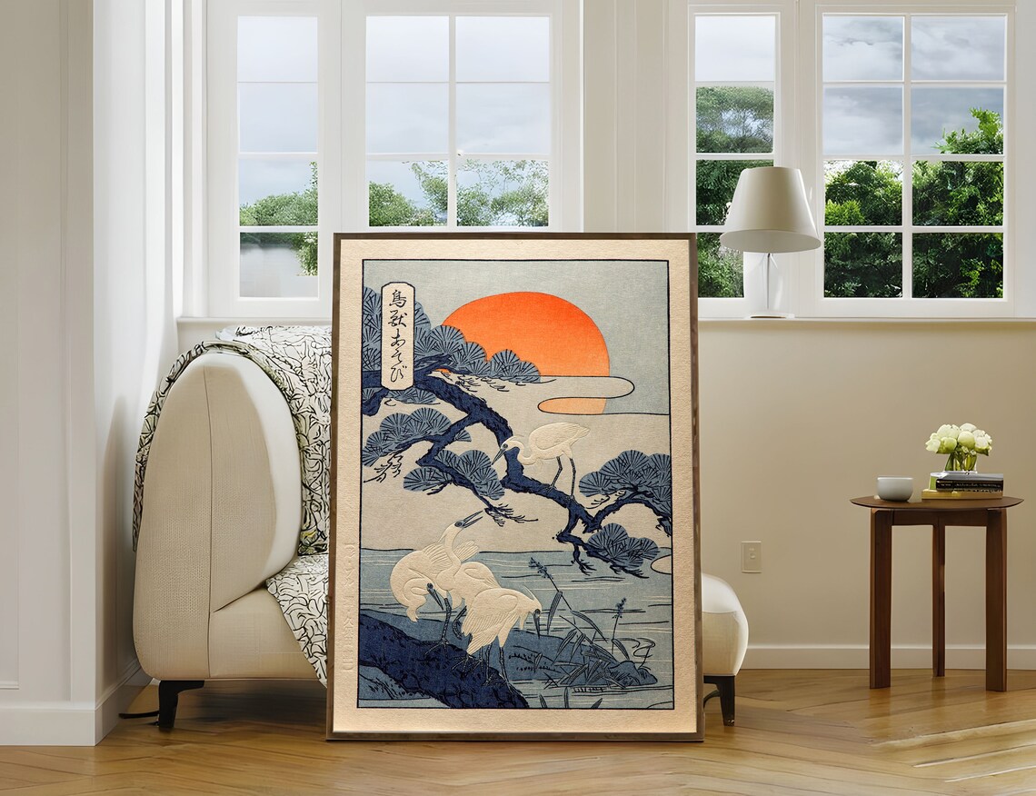 Cranes at Sunrise Vintage Japanese Art Pine Red Sun Wall Art - Image 3