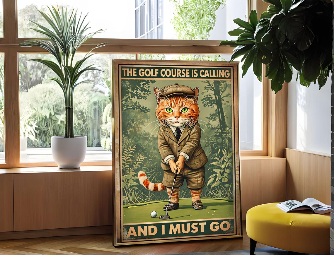 Golf Course Is Calling Cat Vintage Funny Golf Lover Art Poster - Image 5