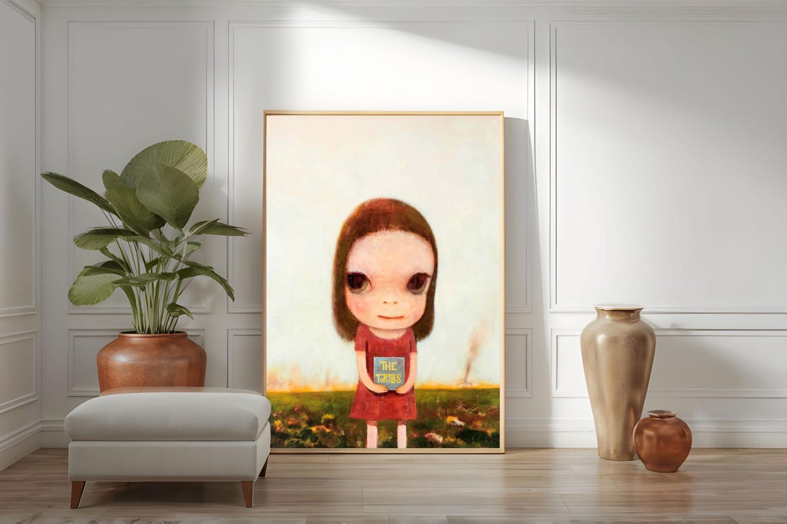 Yoshitomo Nara Red Dress Girl Holding Book in Field Sunset Wall Art - Image 2
