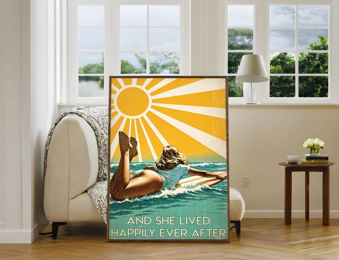 Surfing Girl Happily Ever After Vintage Sunburst Surf Art Poster - Image 3