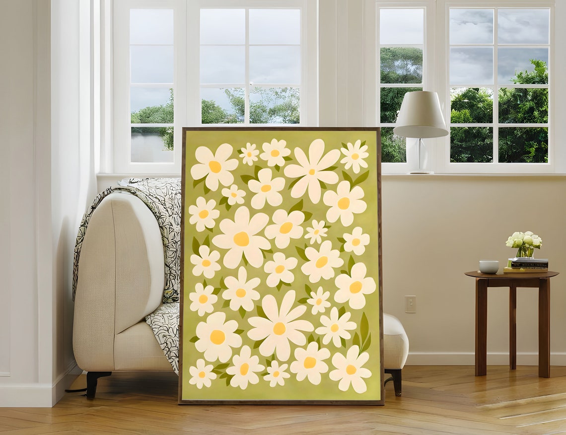 Daisy Delight White Floral Pattern Green Background Art Poster - Image 2