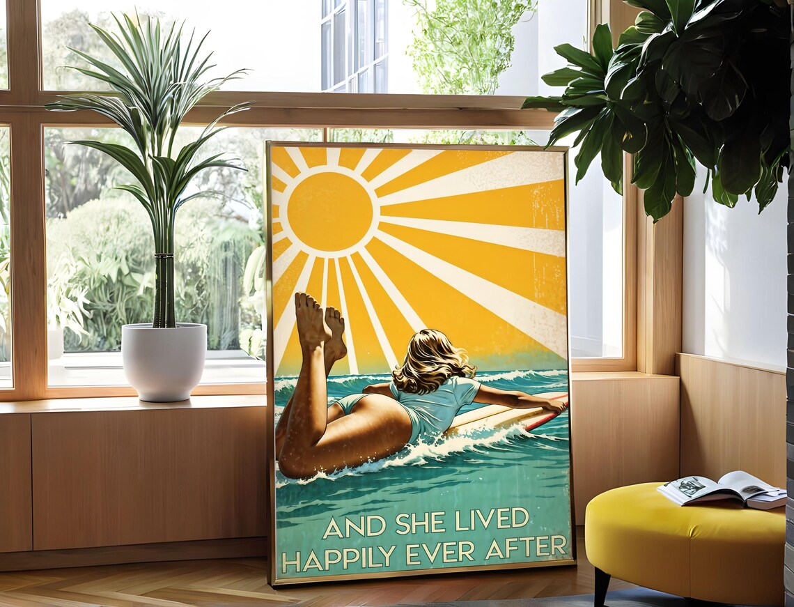 Surfing Girl Happily Ever After Vintage Sunburst Surf Art Poster - Image 4