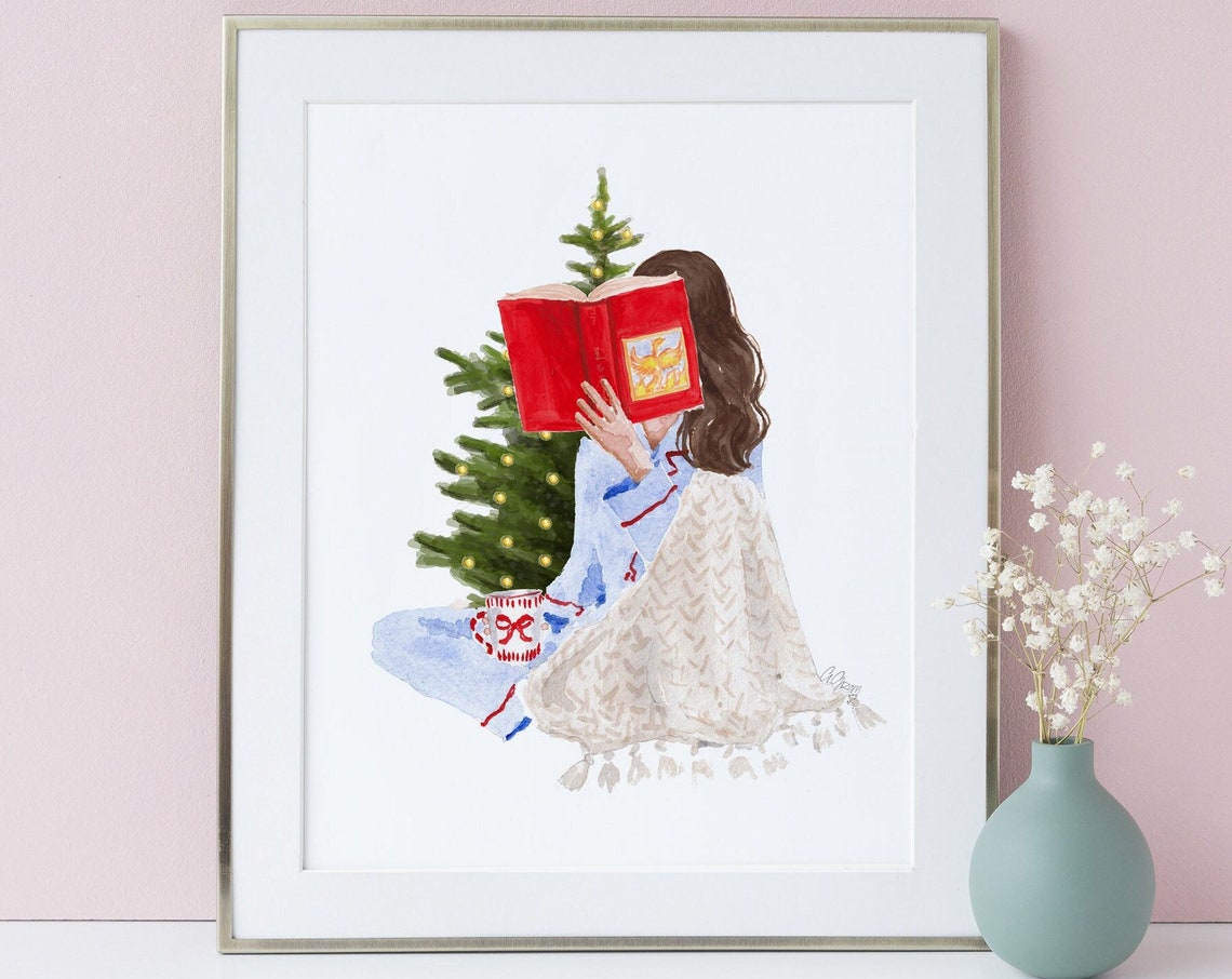 Christmas Bookworm Girl Book Art Print Home Office Watercolor Book Lover Girl Illustration Reading Girl Illustration
