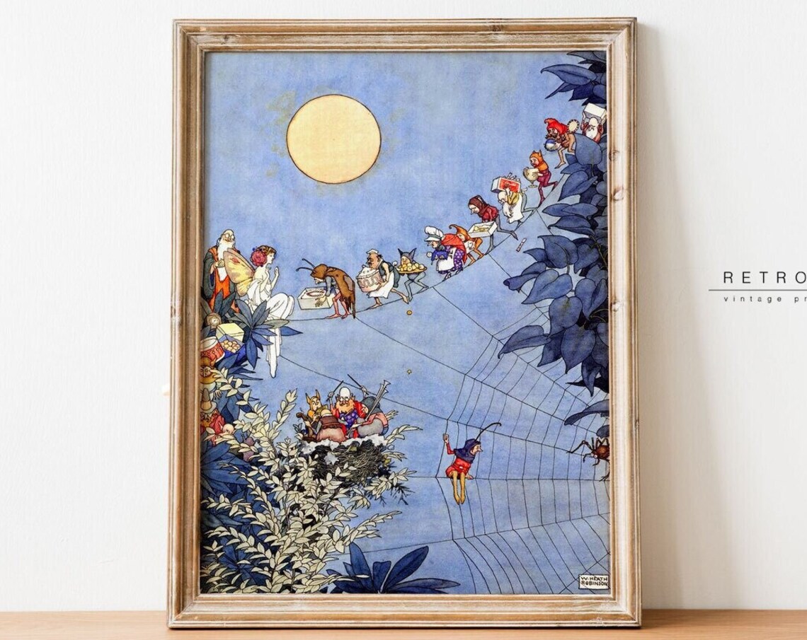 W. Heath Robinson Fairy Procession Crossing Giant Spider Web Night Print